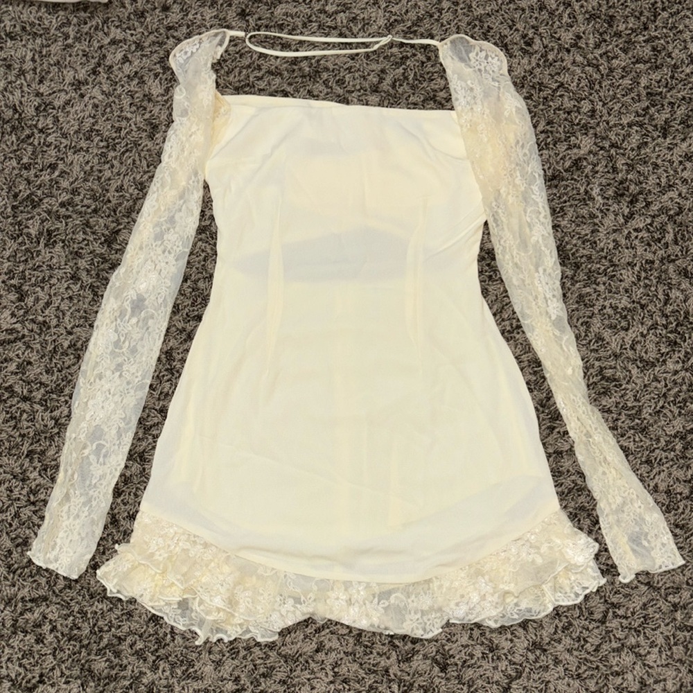 Lucy in the Sky Long Lace Sleeve Ruffle Dress in Cream